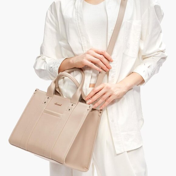 Women Beige Almond Imported Faux Leather Shoulder Crossbody Top Handle Bag - Picture 5 of 7